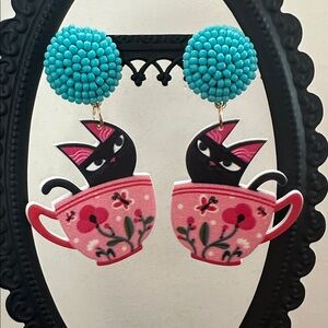 🧡Turquoise Seed Bead with  Black Cat-in-Tea Cup Drop Earrings🧡